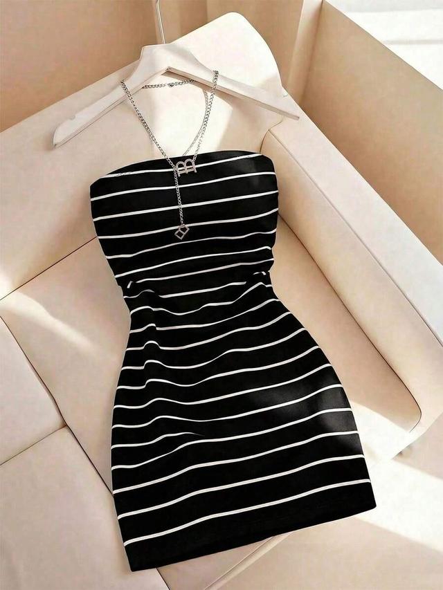 women's black and white striped fitted tube dress