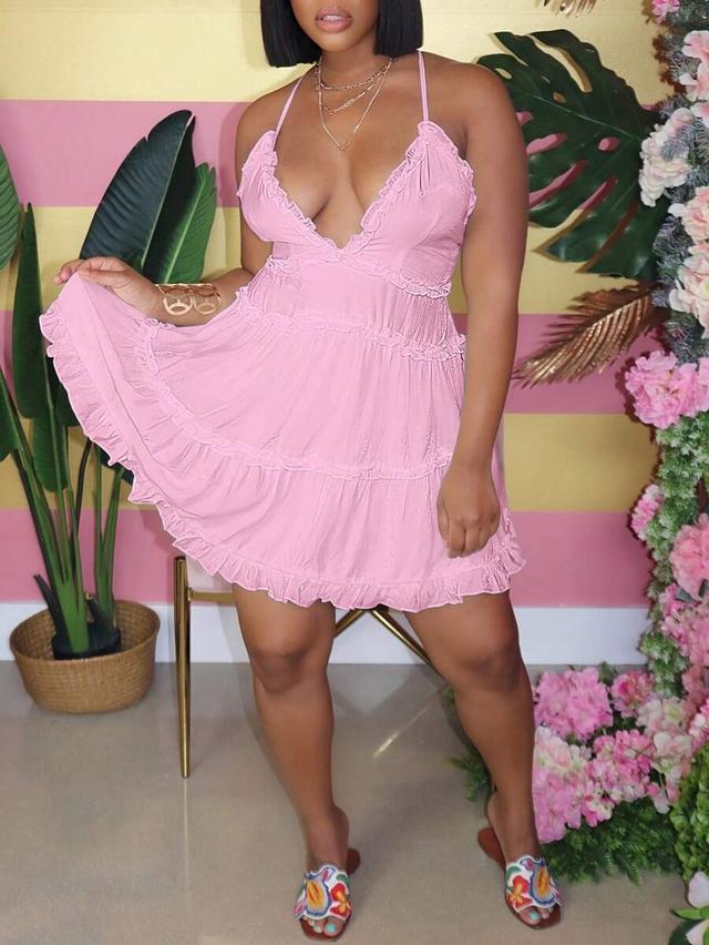 women's solid pink ruffle backless halter beach dress