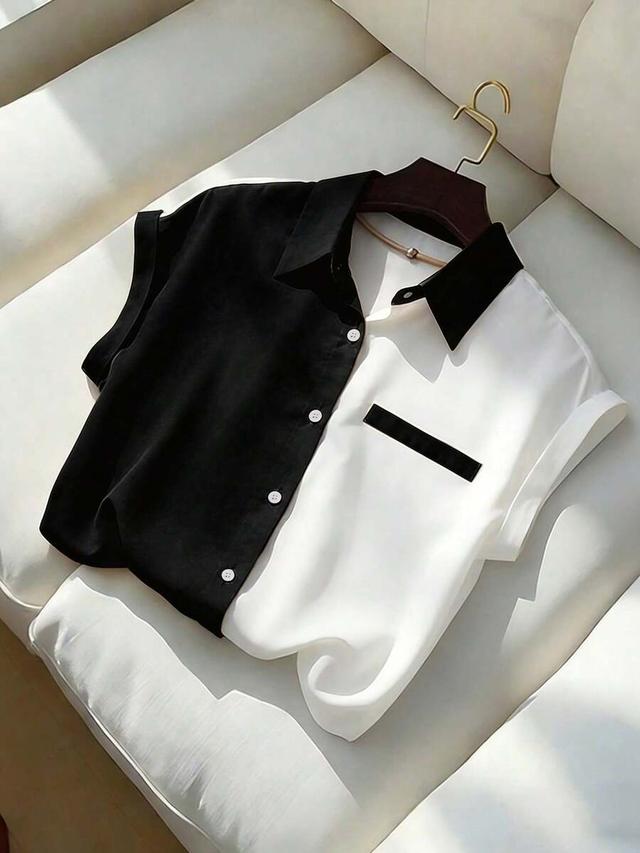 elegant color block short sleeve blouse