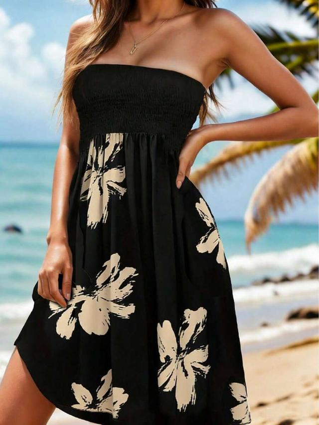 black floral strapless smocked bodice summer dress