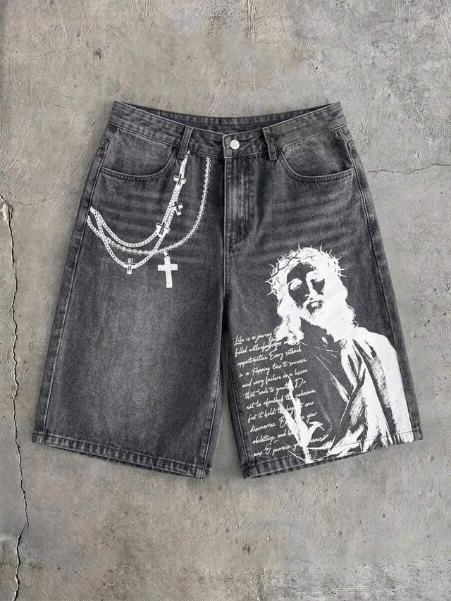 axepeak men's summer casual character slogan print denim shorts