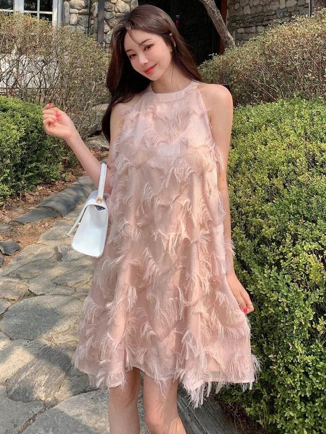 pink fuzzy trim halter sundress