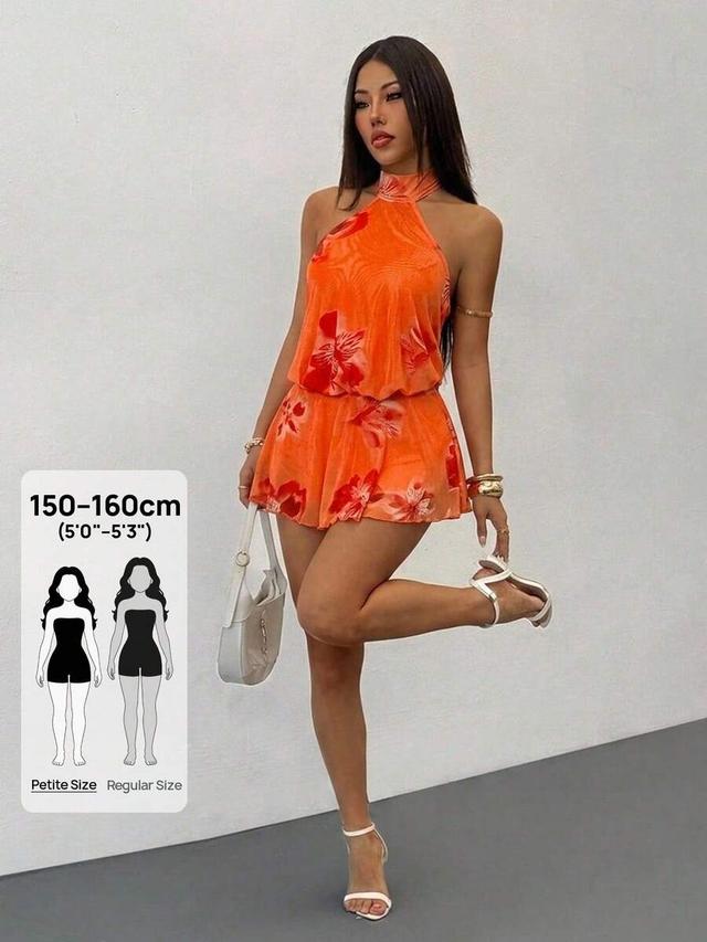 orange floral print halter neck backless mini dress