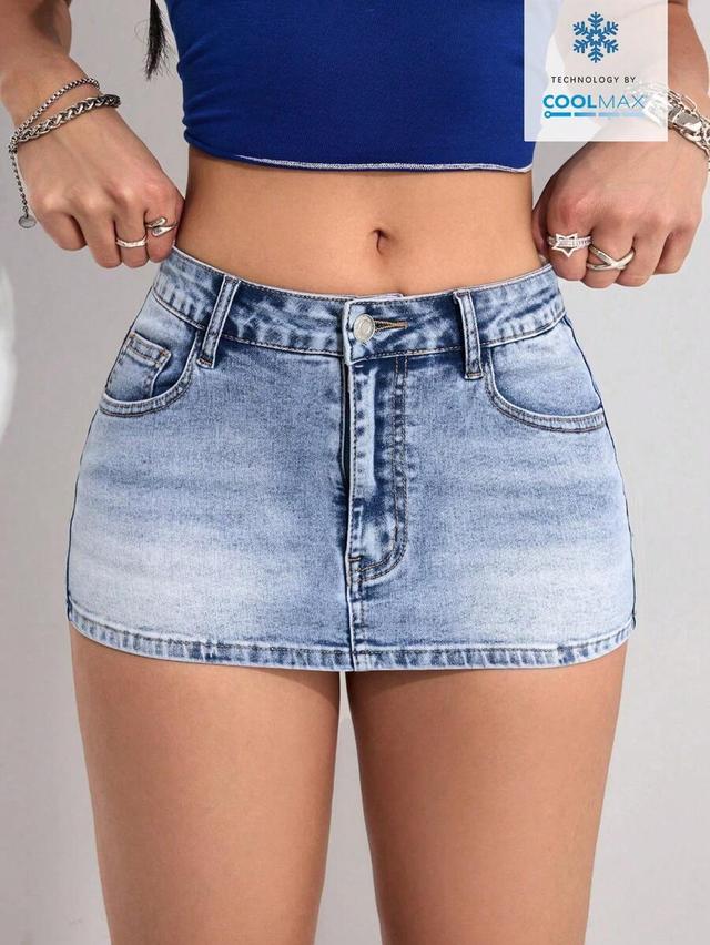 light wash denim mini skirt