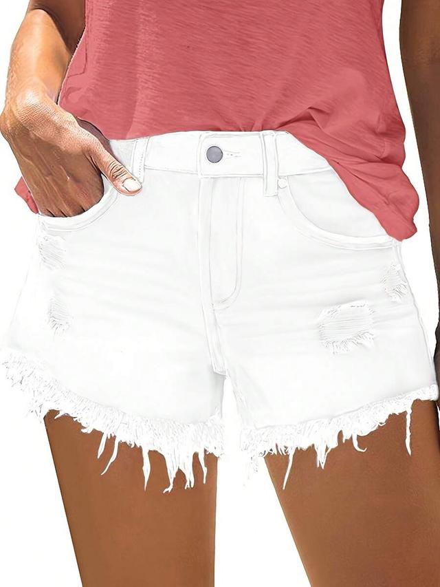 white distressed denim shorts with frayed hem