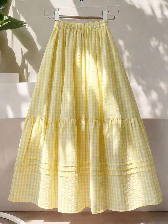 yellow checkered woven tiered summer casual skirt