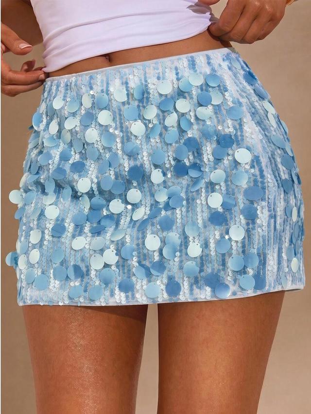 blue sequin patchwork mini skirt
