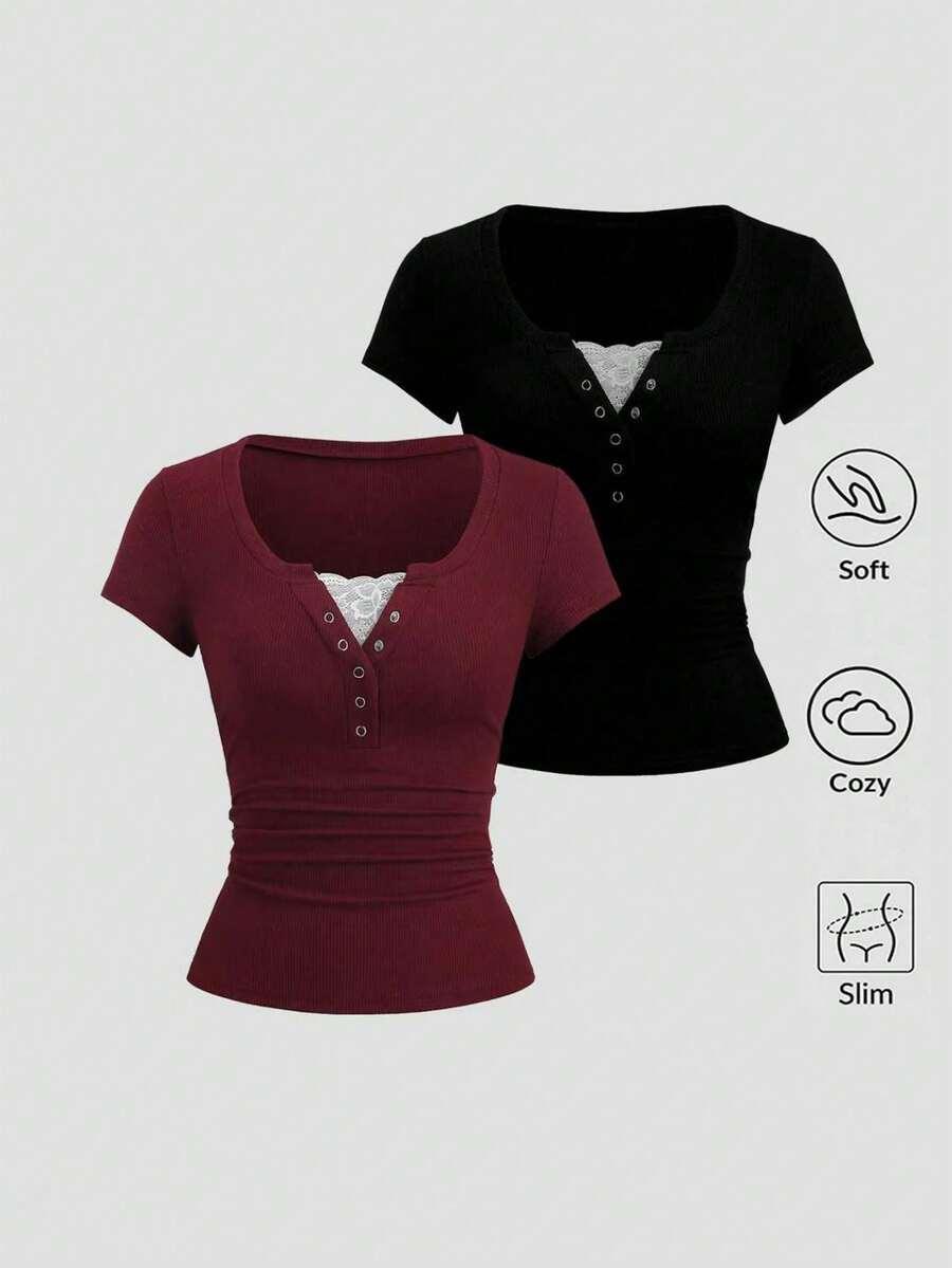 burgundy ribbed lace patchwork short sleeve henley top set