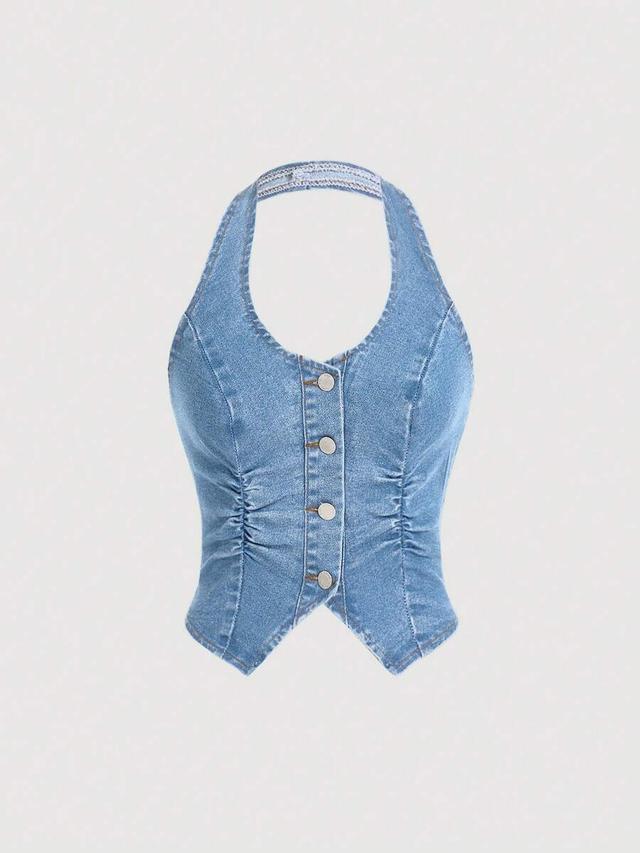blue elastic denim halter vest top