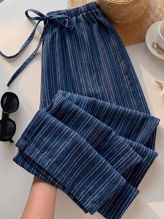 casual blue striped waist tie straight leg pants