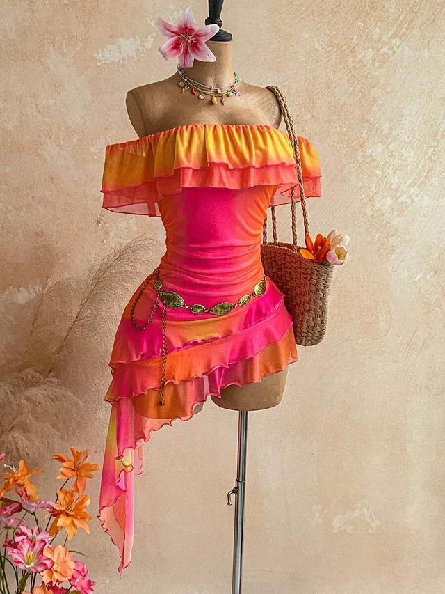 ombre pink and orange ruffled off-shoulder mini dress