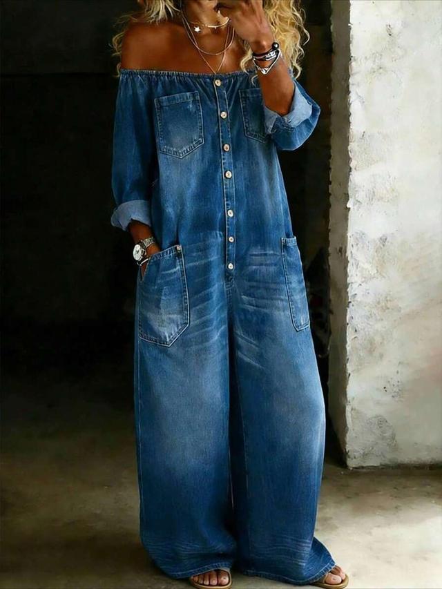 off-the-shoulder single-breasted washed denim jumpsuit