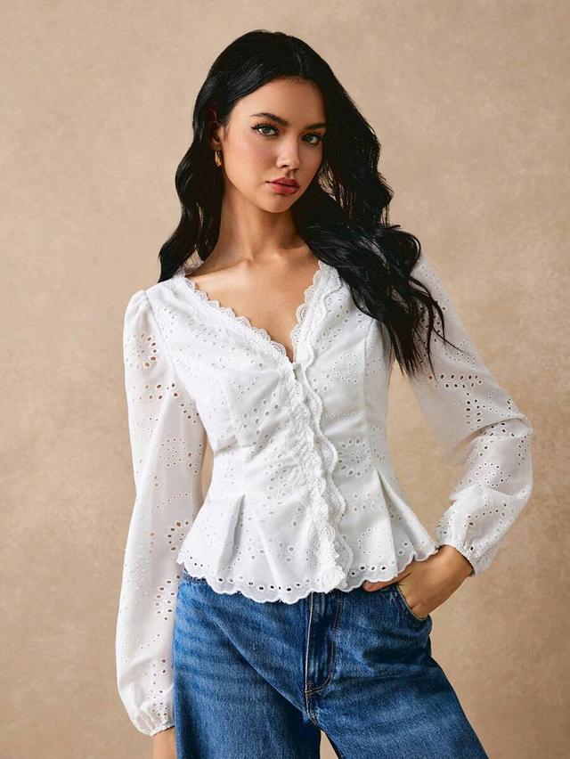 white elegant lace trimmed waist button detail shirt