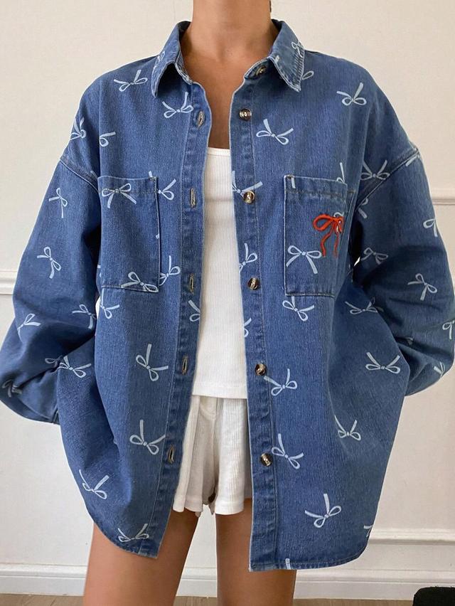 oversized denim shirt with bow print and embroidery