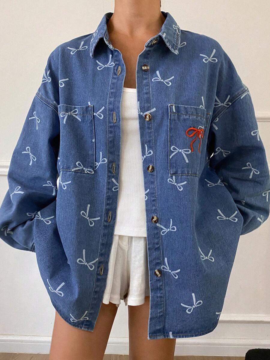 oversized denim shirt with bow print and embroidery