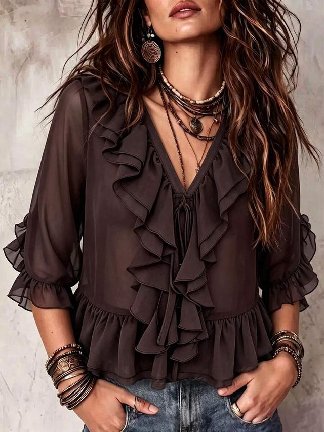 brown ruffle trim v-neck tie front chiffon blouse