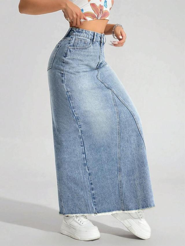 light wash denim midi skirt with paneling