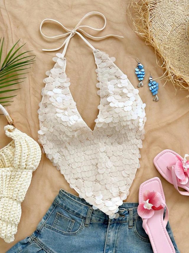 white sequin v-neck bohemian halter tank top