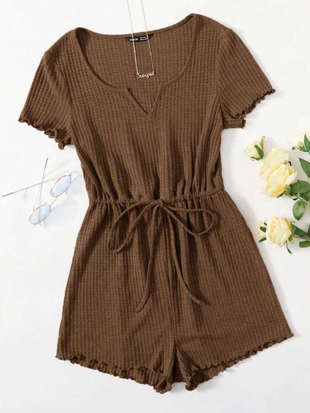brown waffle knit short sleeve romper