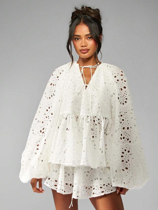 white broderie anglaise balloon sleeve co-ord set