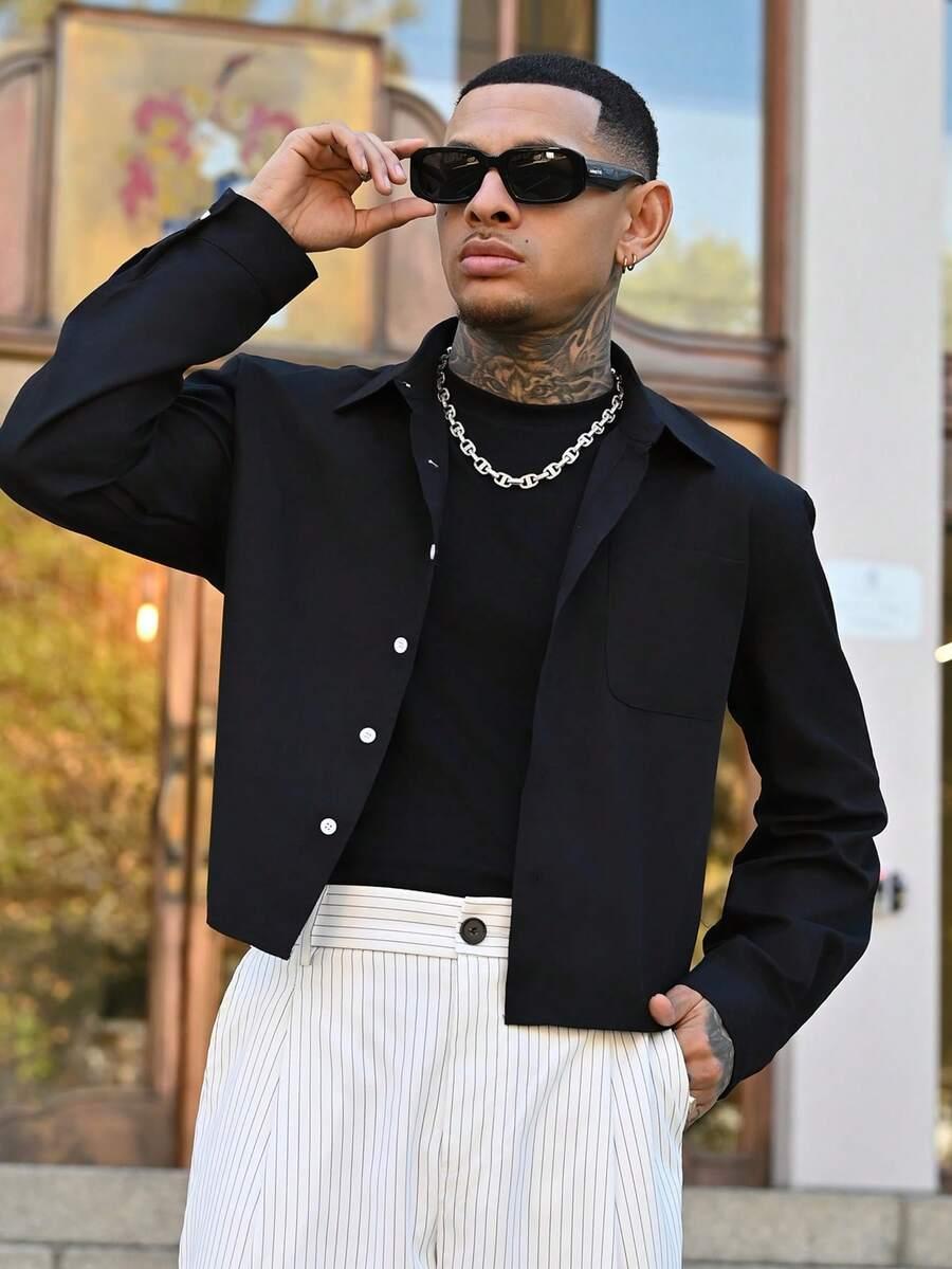 solid black cropped long sleeve button up shirt