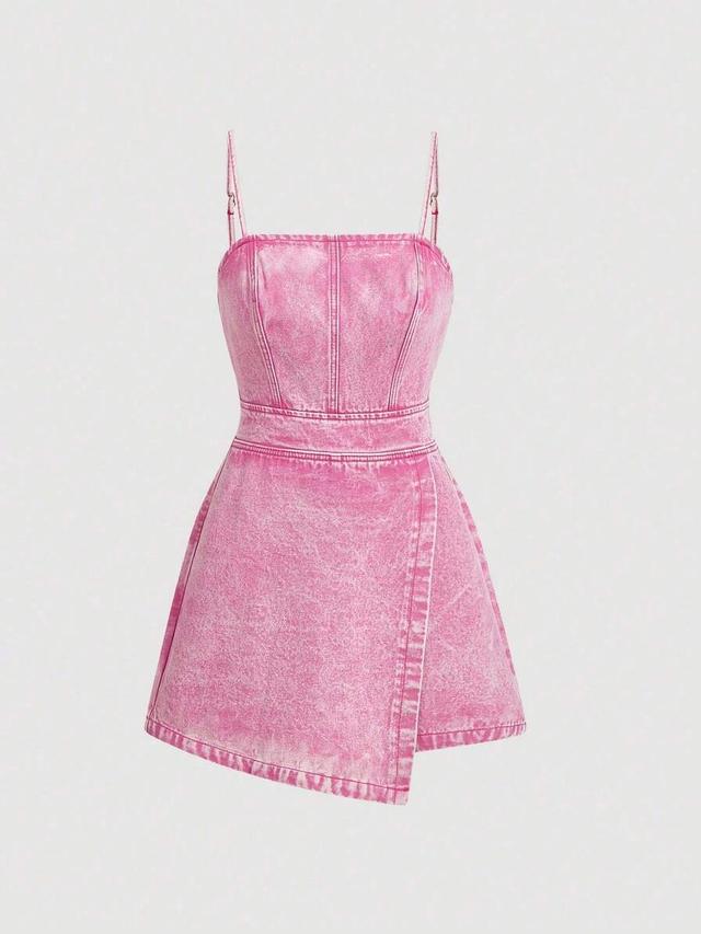 pink acid wash denim strap romper