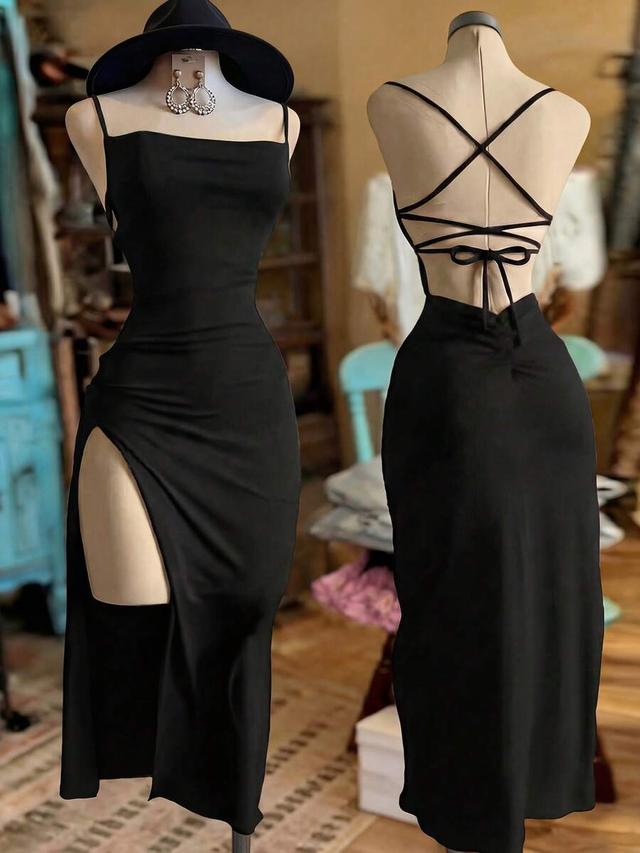black satin midi dress with lace-up back