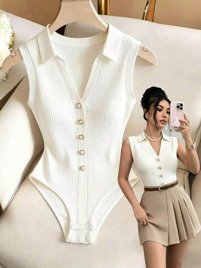 white ribbed sleeveless button-down bodysuit
