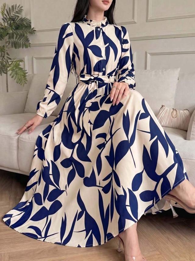elegant blue leaf print long sleeve shirt dress