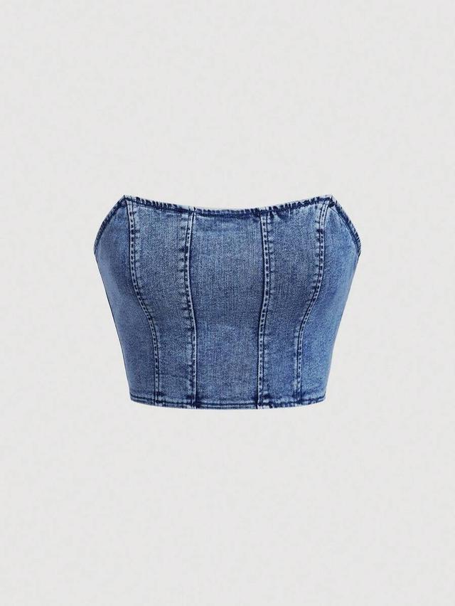 blue denim zip back tube corset top