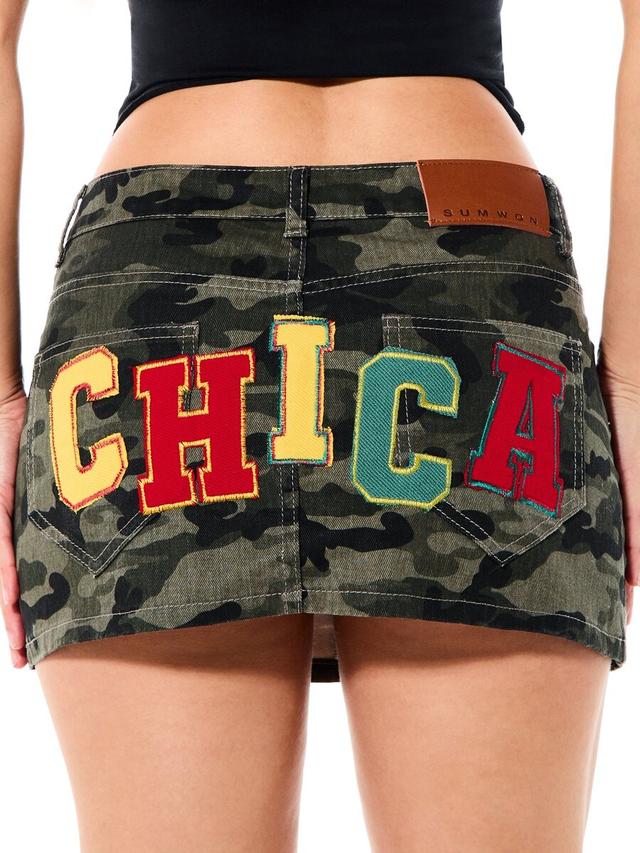 camo denim mini skirt with varsity letter applique
