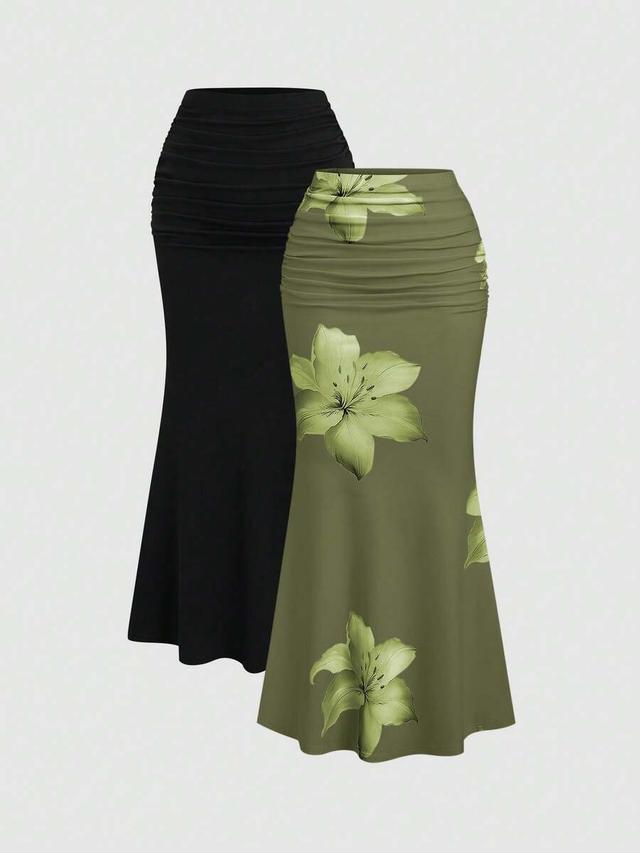 green floral floral print and solid color mermaid skirt set