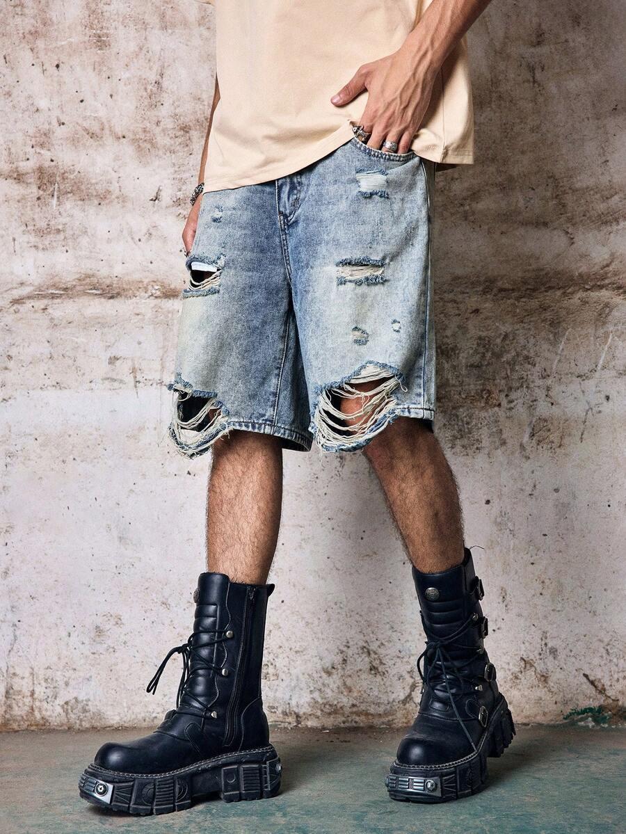 light blue ripped baggy denim jorts
