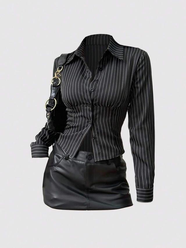 fitted striped button-down long sleeve blouse