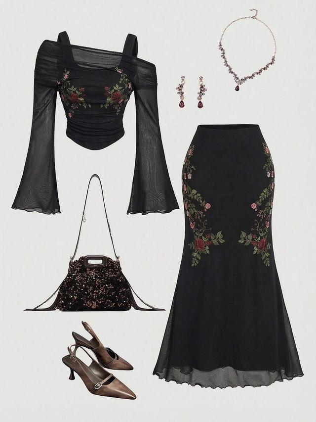 floral embroidered mesh top and maxi skirt set