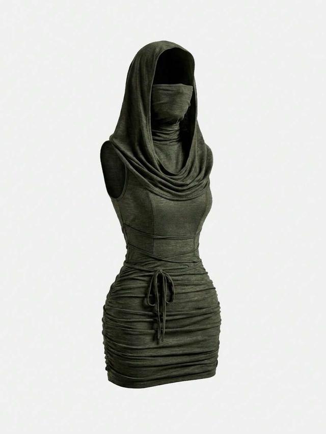 olive green hooded bodycon mini dress with ruching