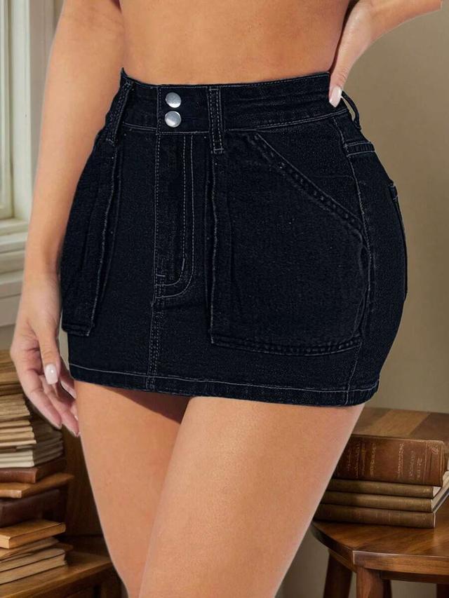 ladies casual black denim mini skirt with pockets