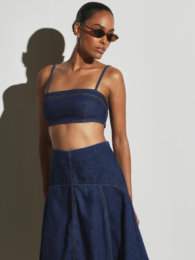 dark wash denim bralette crop top with smocked back