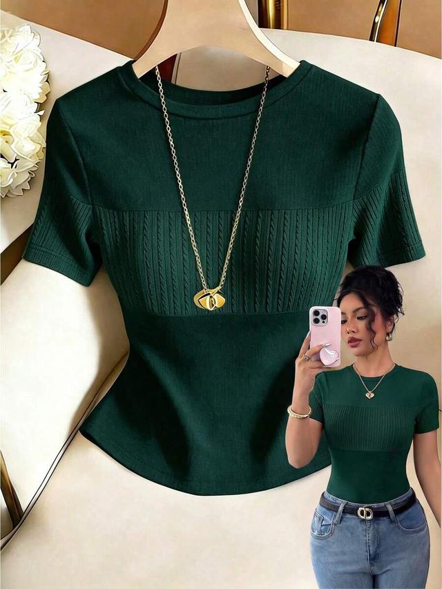 dark green contrast knit short sleeve casual top