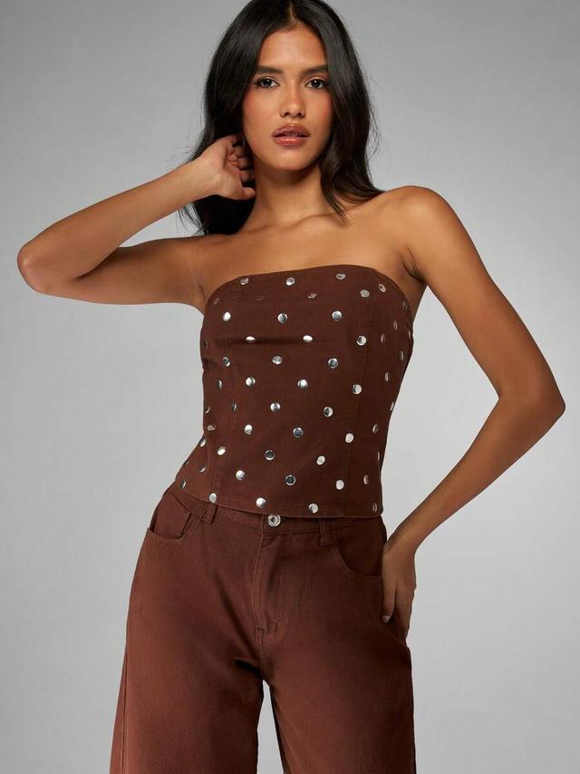 brown studded denim strapless corset bustier top