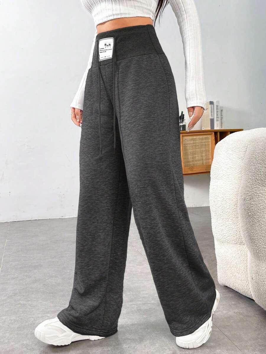 charcoal grey letter patched wide leg drawstring sweatpants