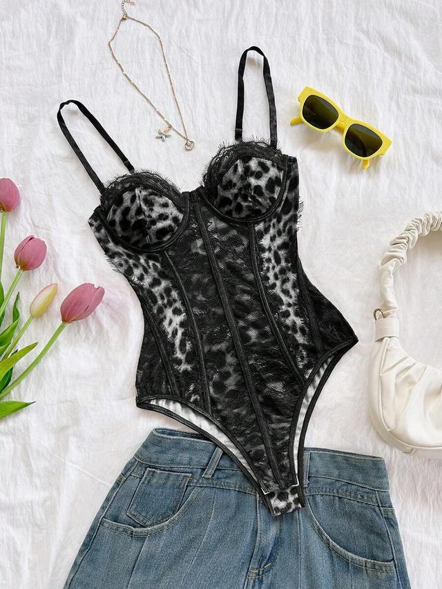 leopard print bustier camisole with lace trim