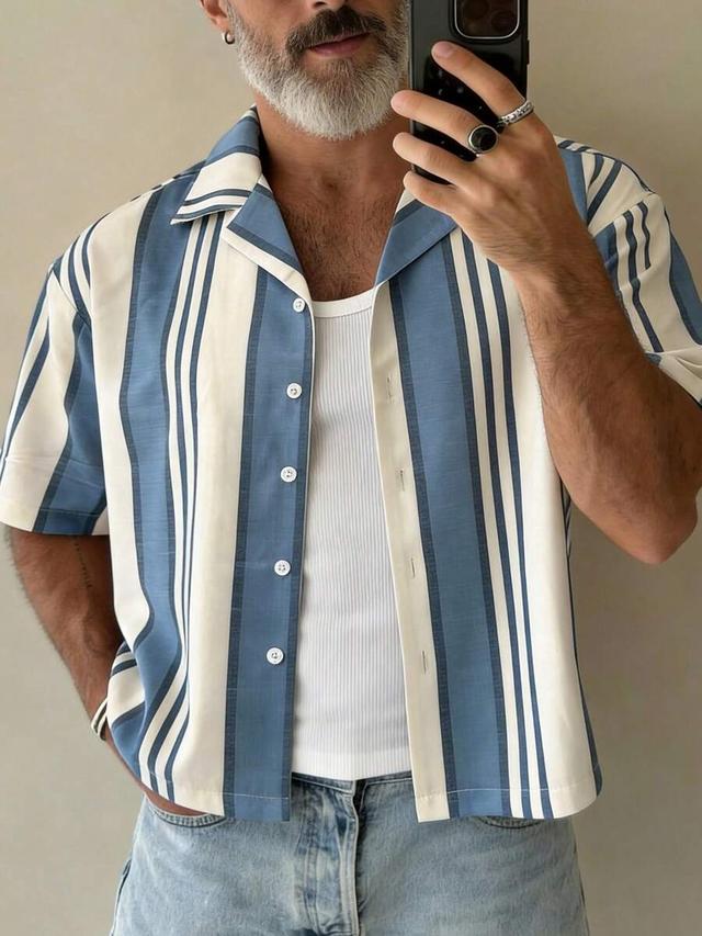 men's blue and white striped short sleeve button shirt