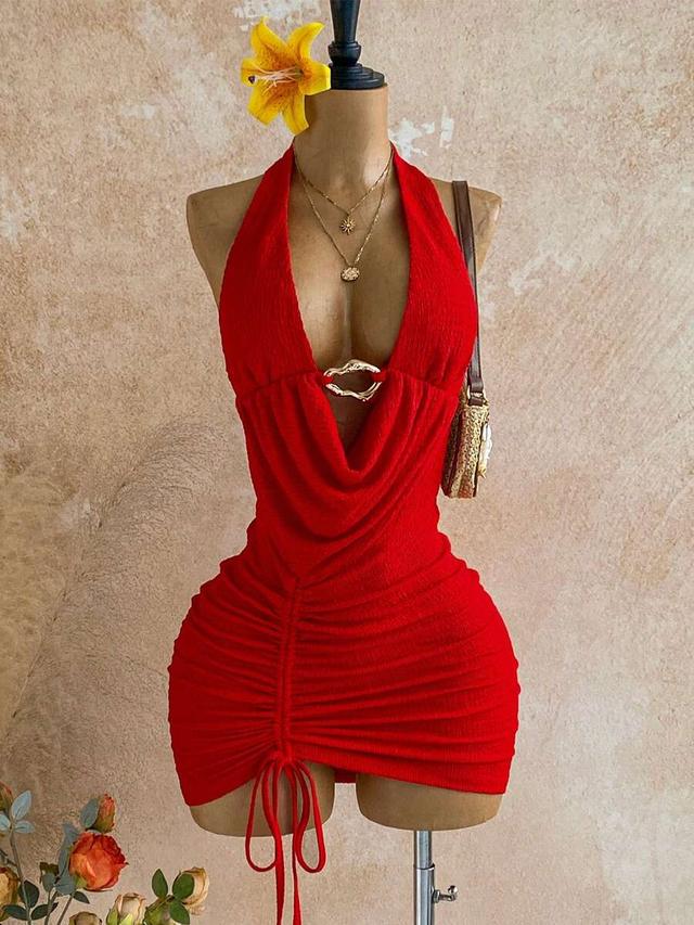 red mini dress with metal buckle and drawstring ruching