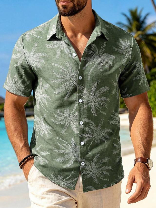 green palm print casual short sleeve shirt