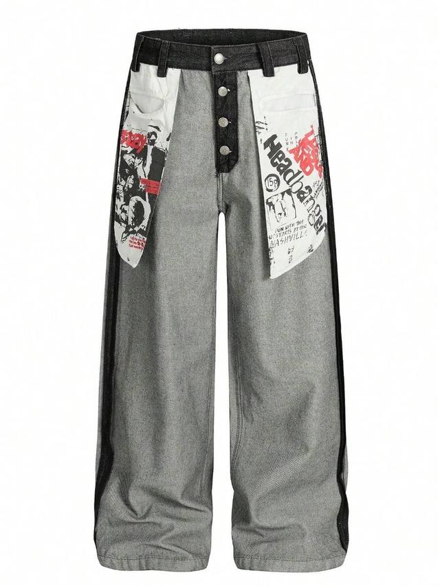 american street print pattern deconstructed loose denim jeans