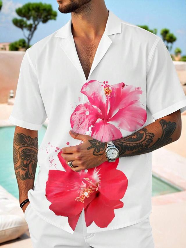 white and pink floral print cuban collar shirt