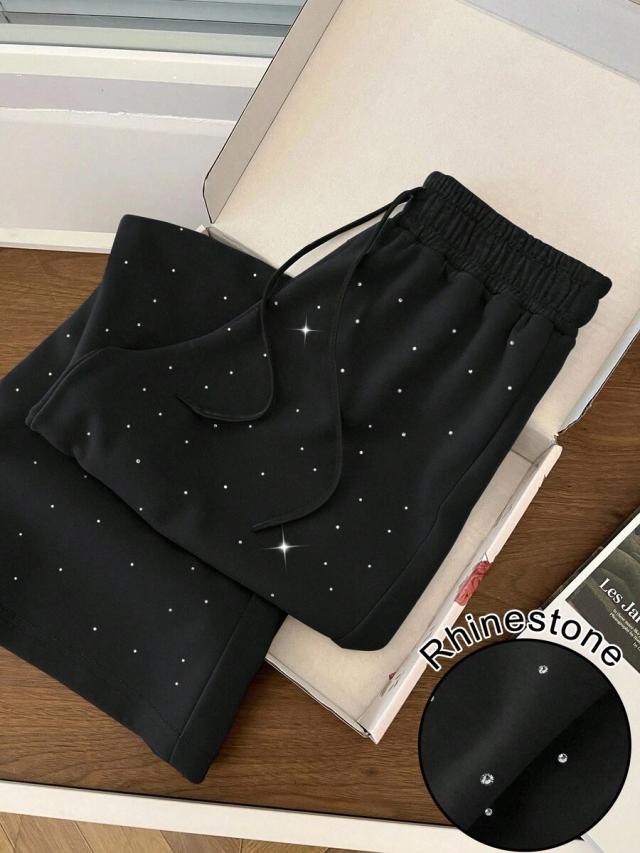black rhinestone rhinestone embellished high waist drawstring sweatpants