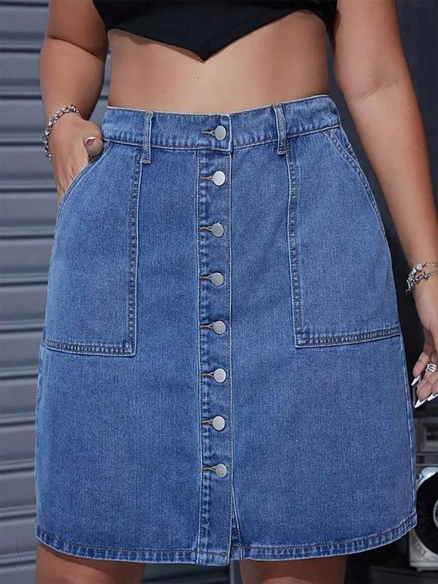 blue denim button-front mini skirt