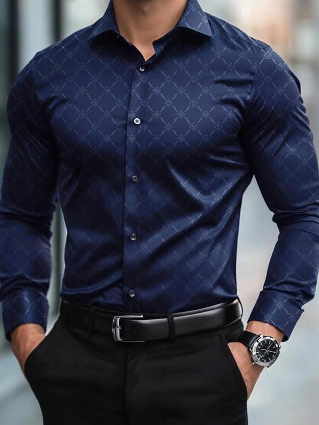 navy blue geometric print slim fit dress shirt